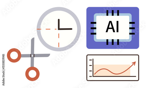 Scissors trimming clock, microchip labeled AI, and upward-trending graph highlighting efficiency, automation, and innovation. Ideal for productivity, technology, artificial intelligence, data