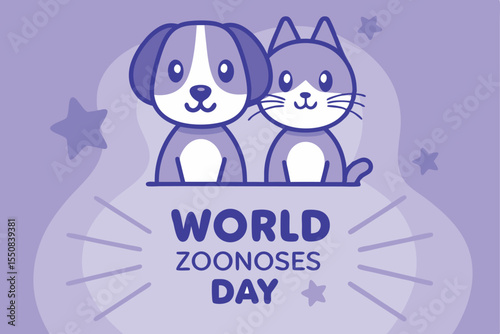 World zoonoses day cute illustration featuring dog and cat in simplified style