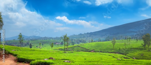 Lush tea plantation landscape under a vibrant sky