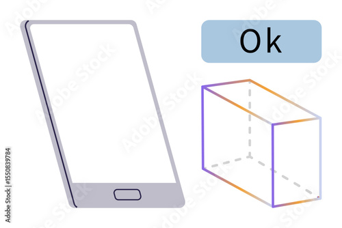 Smartphone adjacent to 3D wireframe box and Ok text. Ideal for technology, UX design, communication, app interfaces, virtual reality, innovation, digital solutions. Simple flat metaphor