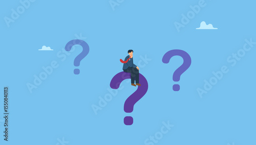 Vector illustration of businessman thinking over a question mark. Ask questions, FAQ, problem or curiosity, doubt or confusion to be answer, challenge and uncertainty, unknown information or solution.