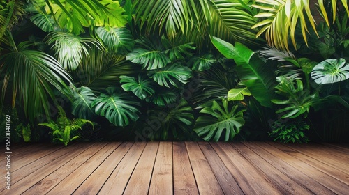 Lush tropical foliage backdrop on a wooden floor