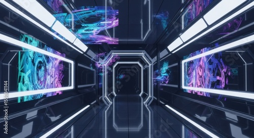 Futuristic Cyberpunk Corridor with Neon Lights and Abstract Digital Art Displays Showcasing Vibrant Colors and Futuristic Technology Themes