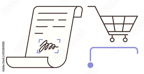 Roll of paper with signature and shopping cart symbolizes digital contracts, agreements, and e-commerce. Ideal for legal tech, online shopping, digital signature, contracts, transactions