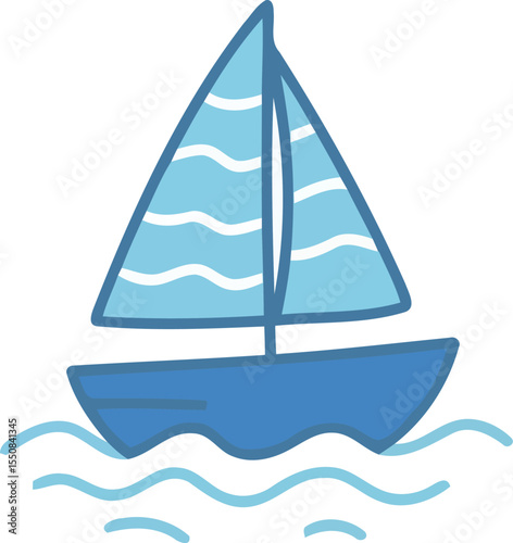 Sailing Boat with Blue Sails on Water waves