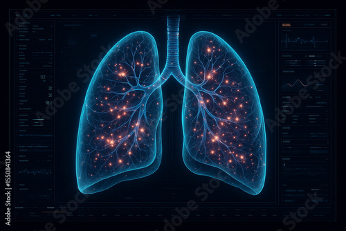 AI generated futuristic lung analysis interface showing glowing blue anatomy with pink orange bio hotspots surrounded by advanced medical data in dark sci fi diagnostic screen