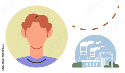 Simplistic illustration of a person profile linked to a factory emitting smoke with a dashed line. Ideal for environmental impact, industry, human connection, pollution, eco-awareness, energy