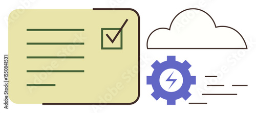 Checklist with a marked box, cloud imagery, and cogwheel with lightning bolt emphasize productivity, cloud storage, and task efficiency. Ideal for workflow, technology, project management, digital