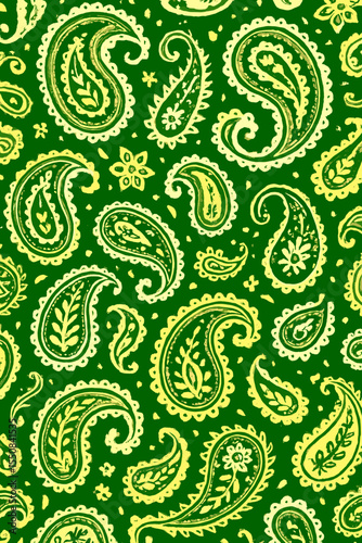 Green Yellow paisley pattern featuring intricate designs on a vibrant background with floral elements for textile use