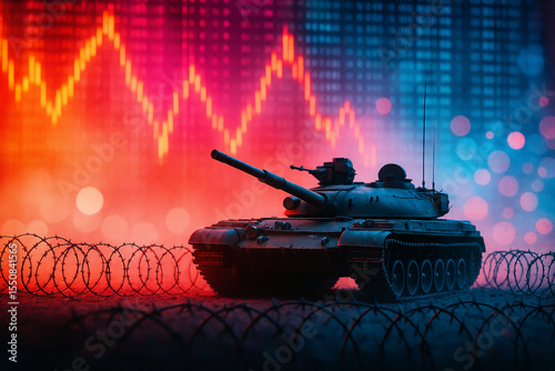 AI generated conceptual scene showing a military tank surrounded by barbed wire in front of a colorful digital financial graph highlighting the tension between war and global economy