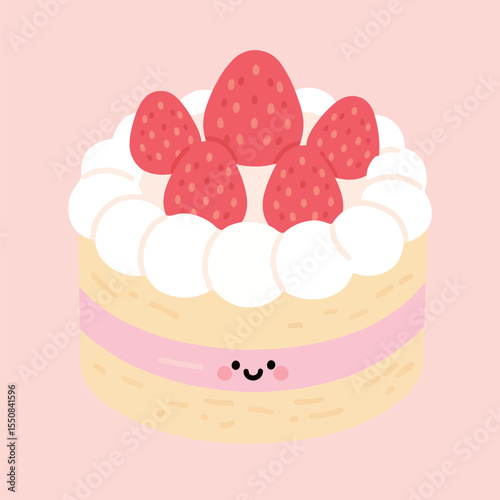 Cute Strawberry Cake with Whipped Cream and Happy Face