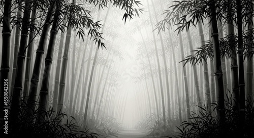 Enchanted Forest Path Through Tall Bamboo Trees With Ethereal Light Emerging From The Misty Fog