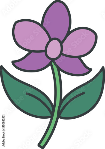Purple Flower with Green Leaves and Stem