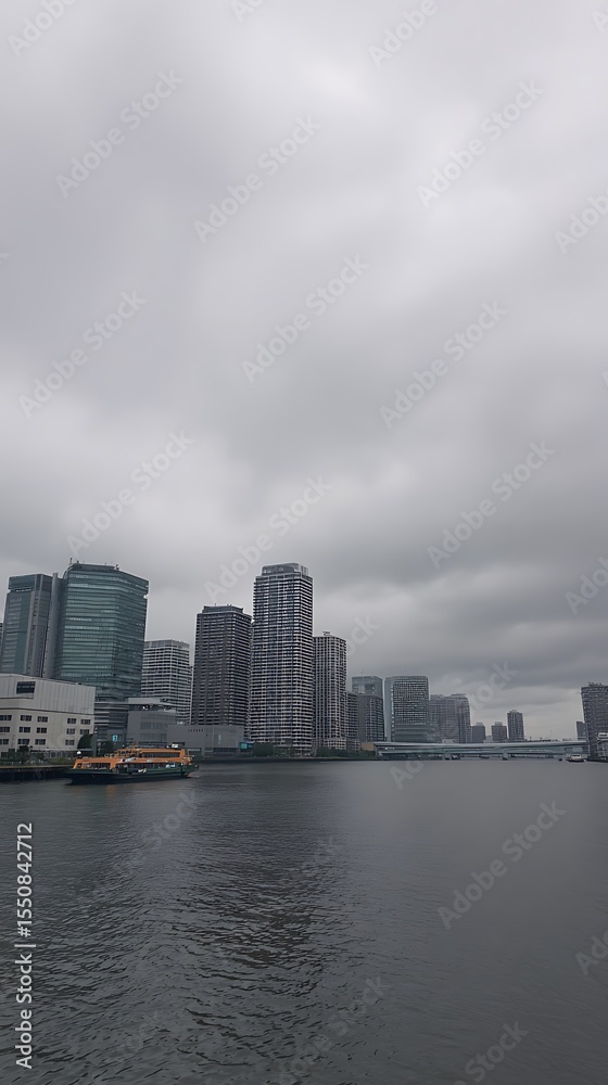 Fototapeta premium Gloomy city skyline from across water