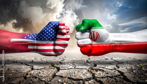 Fist Bump with USA flag and Iran flag. Two fists colliding, painted with flag. Tensions, Conflict Concept. Iran vs USA conflict illustration.