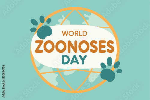 World zoonoses day illustration with globe paw prints and environmental health awareness