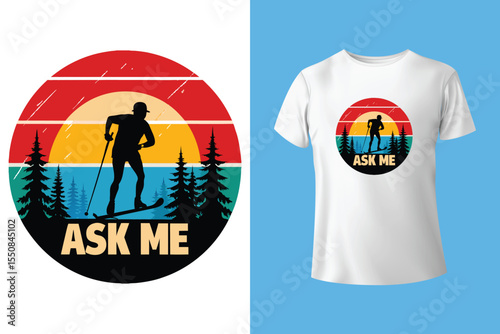 Ski winter sport vintage typography t shirt design with glasses and skier silhouette	
