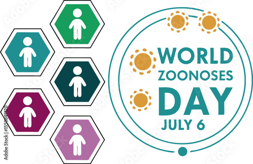World zoonoses day illustration with human silhouette icons and july 6 date