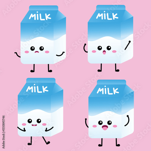 Adorable set of four blue and white milk cartons with various cute facial expressions and poses. Ideal for food-related themes, children's designs, or healthy eating concepts.
