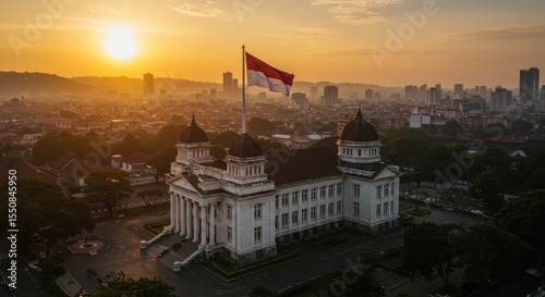 Sunrise over Gedung Sate, Bandung Indonesia: A Majestic View of Iconic Architecture and Cityscape at Dawn