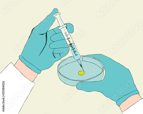 Scientist injecting stem cells into a petri dish in vector illustration style