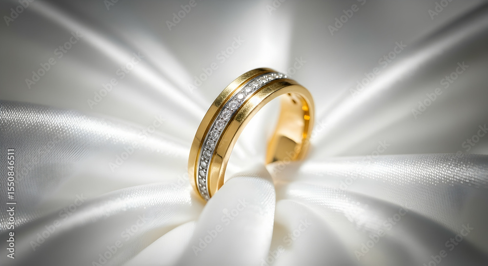Fototapeta premium Elegant Gold Ring with Diamonds on White Silk Fabric Jewelry