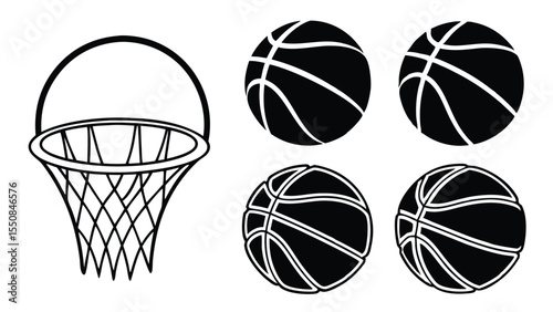 Vector graphic illustration of basketballs and a basketball hoop for sports and recreation