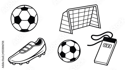 Vector illustration of football related elements including balls goal boots and whistle