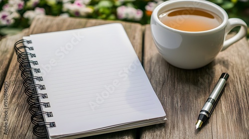 Blank Spiral Notebook Tea Cup Pen Wooden Table