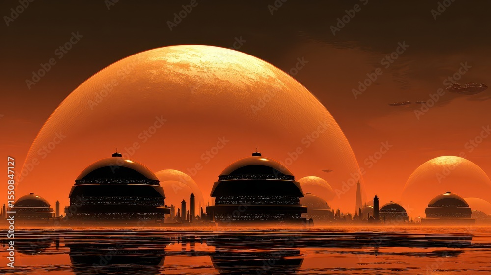 Obraz premium Silhouette of futuristic city on a water surface with orange planets.