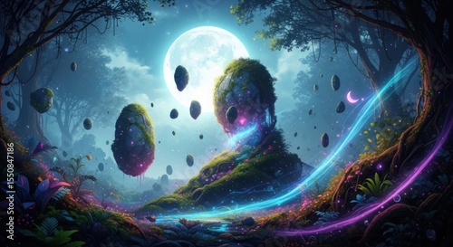 Mystical Enchanted Forest Realm Illuminated by a Glowing Full Moon with Floating Islands and Ethereal Energy Streams