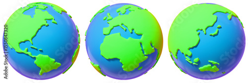 Cartoon style globe icon. 3D rendering illustration. America, Europe and Asia regions.