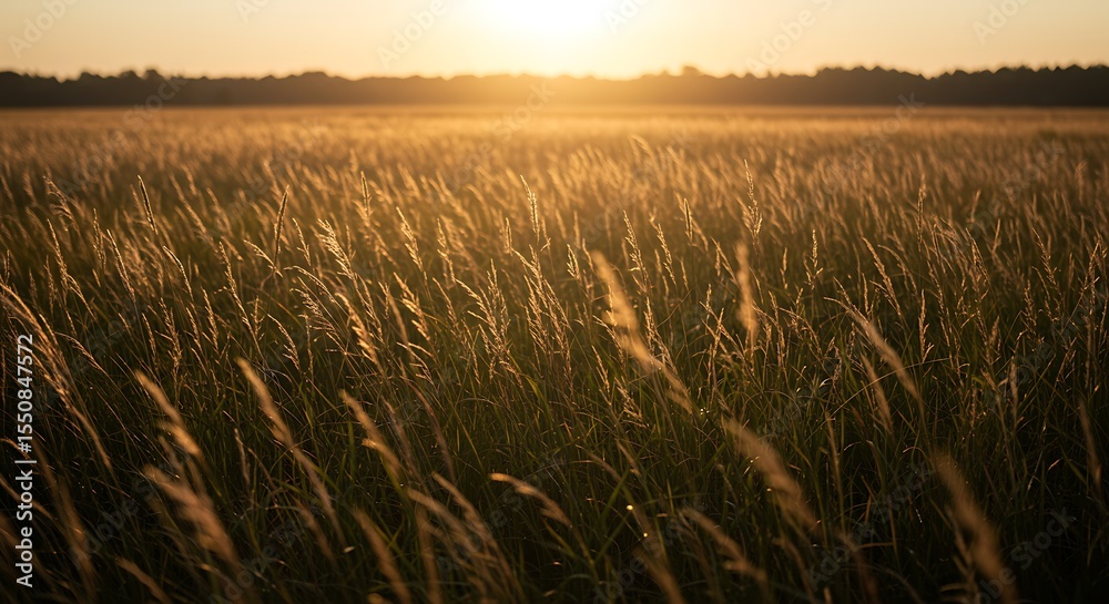 Obraz premium Golden Hour Meadow: Serene Grassland at Sunset