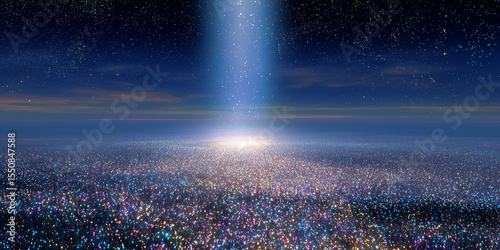 Bright light shining down on glittering ocean at night under starry sky