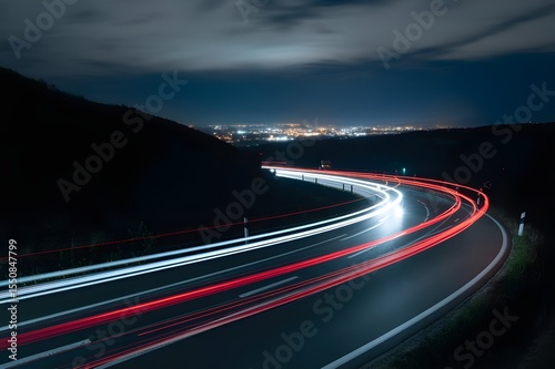 highway at night with long exposure light trails of red and white from vehicles, surrounded by a forested landscape under a deep blue sky with streaking clouds.