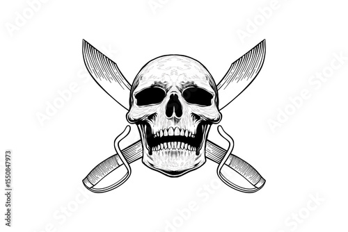 skull and sword line art illustration pirate symbol with engraving style