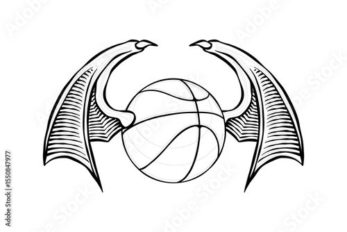 line art illustration of a basketball with bat wings in a carved style
