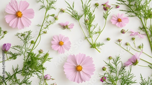 Pink Cosmos Flowers Flat Lay Pattern Floral Design