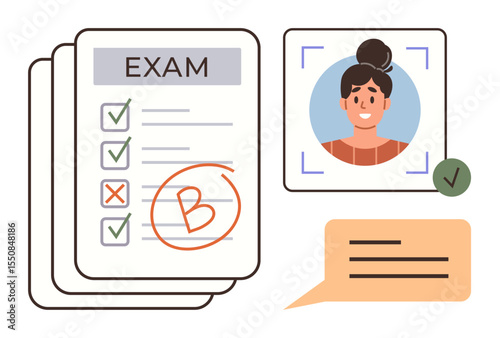Exam paper with correct and incorrect answers graded B, student photo with ID recognition frame, chat bubble. Ideal for education, examination, grading, feedback, identification, learning objectives
