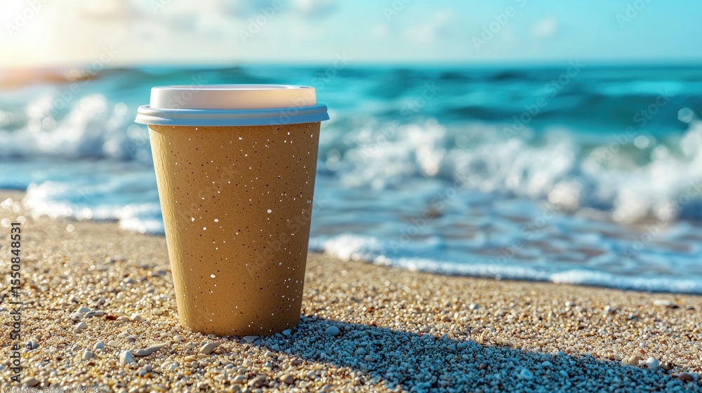 Disposable coffee cup on sandy beach, ocean waves Disposable coffee cup on sandy beach, ocean waves