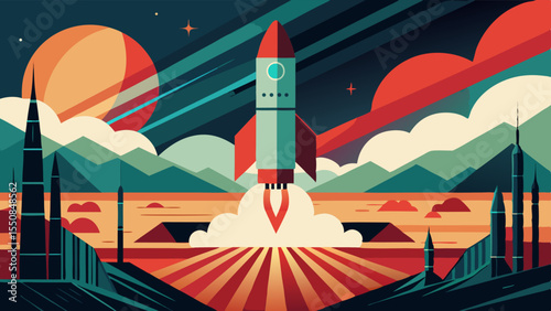 Cold war-inspired vector art of missile launch from underground silo, with geometric lines and retro color palette