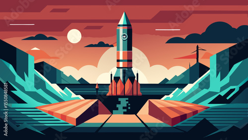 Cold war-inspired vector art of missile launch from underground silo, with geometric lines and retro color palette