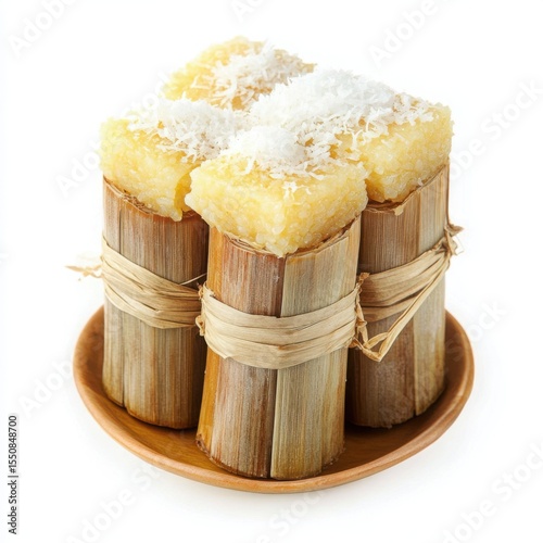 Puto Bumbong, steamed rice cakes wrapped in bamboo tubes and topped with butter, sugar, and grated coconut, isolated on a white background