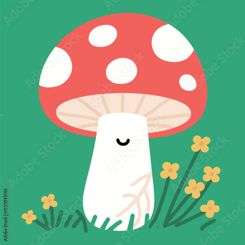 Cute Mushroom with Smiling Face and Yellow Flowers around it