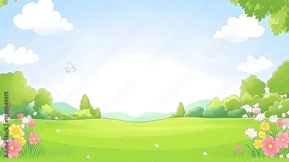 Fototapeta premium Cartoon Spring Meadow Landscape Illustration