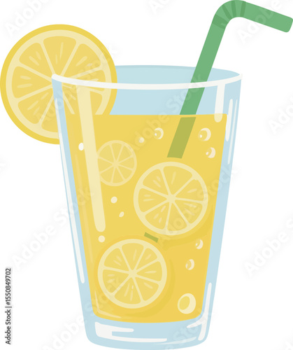 Lemonade in a glass with slices of lemon and a straw