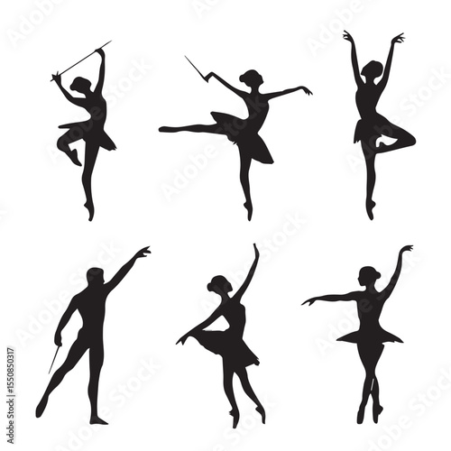 baton twirling silhouette set, Black & White silhouette set