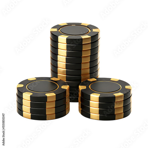Luxury black and gold poker chips stacks, premium 3D casino gambling tokens, elegant betting chips for high stakes gaming and tournaments