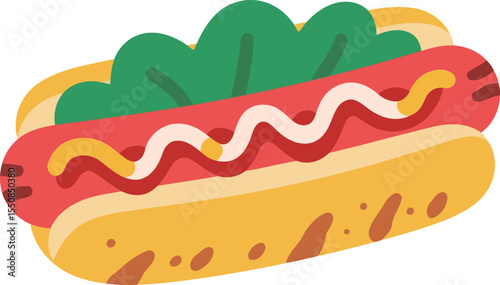Hotdog with lettuce and condiments on a bun