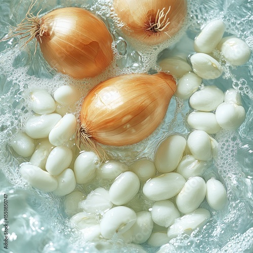 Onions and beans soaking in water.